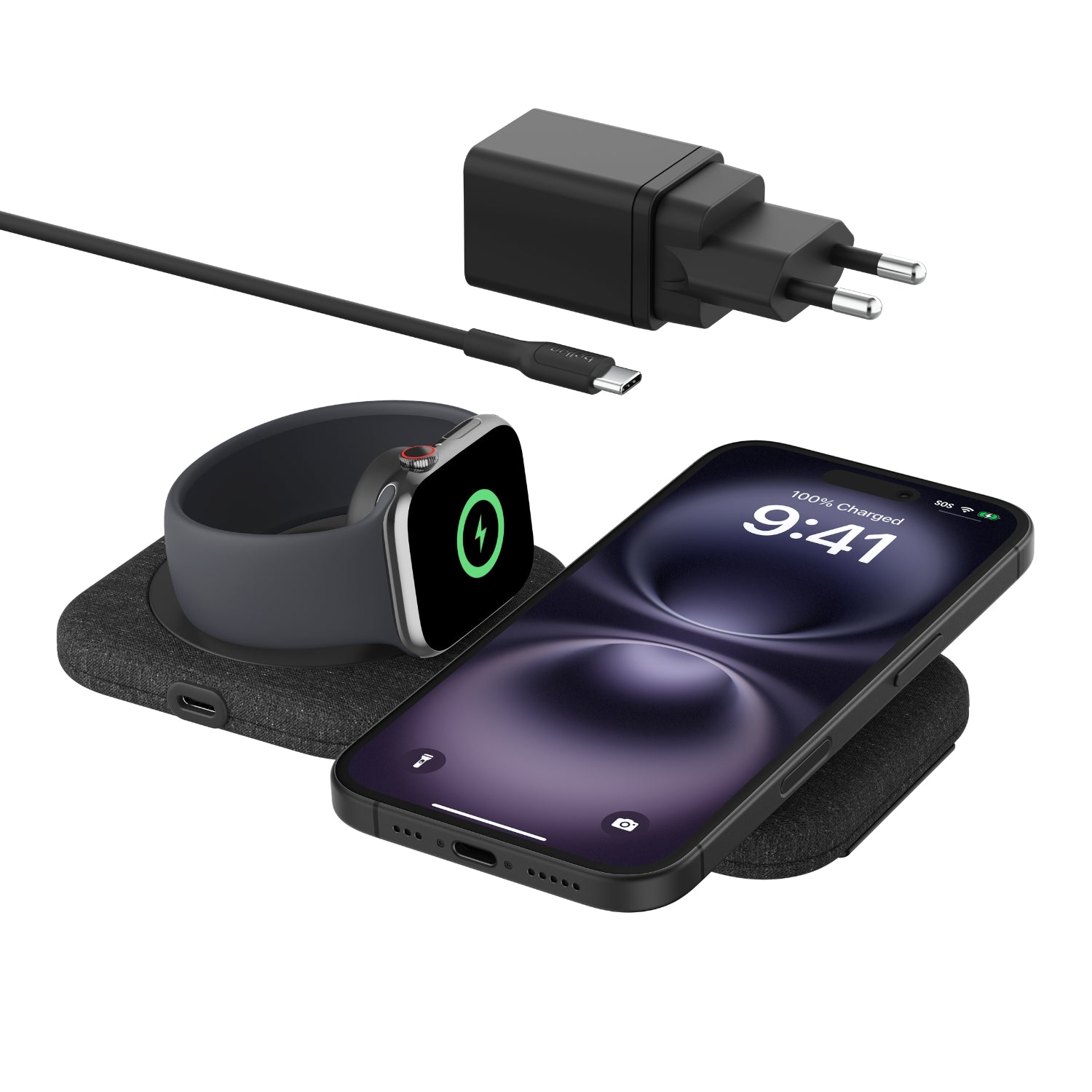 Base de carga 2 en 1 inalámbrica de viaje Qi2 Belkin negra