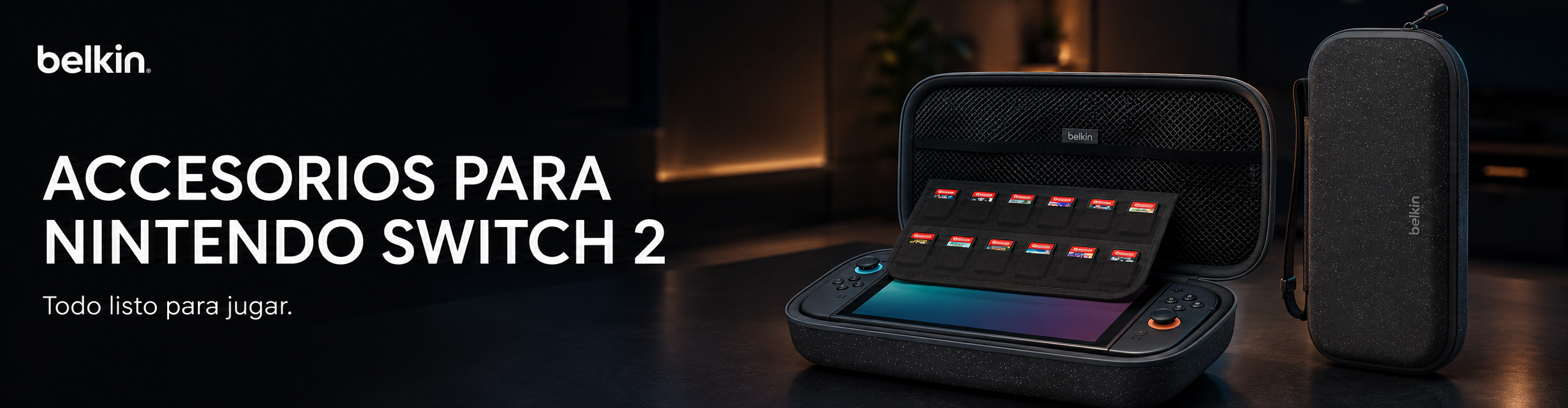 Accesorios Nintendo Switch 2 Belkin: estuche de viaje, protector de pantalla, power bank y cable USB-C.