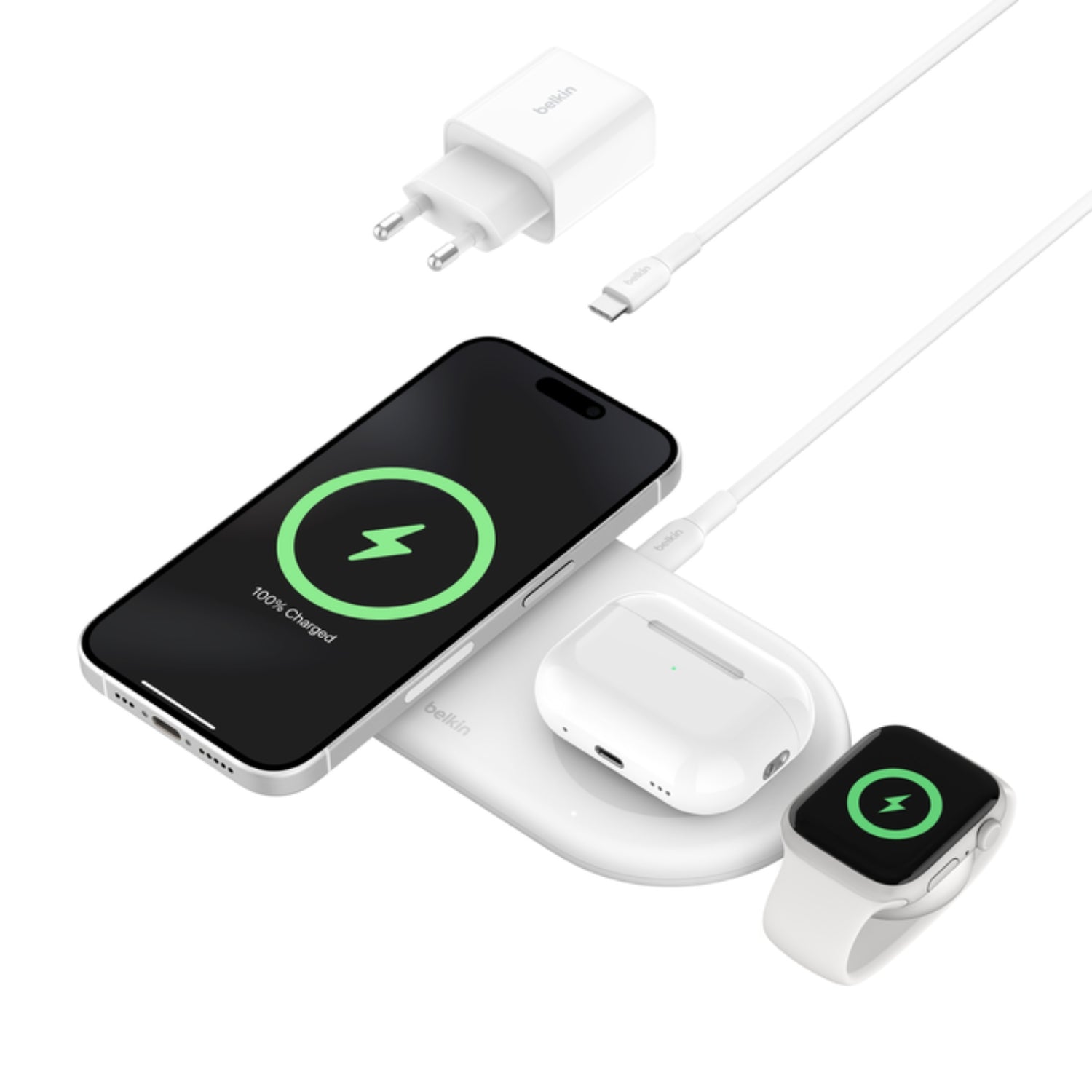 Base de carga 3 en 1 inalambrica plana Qi2 belkin blanca