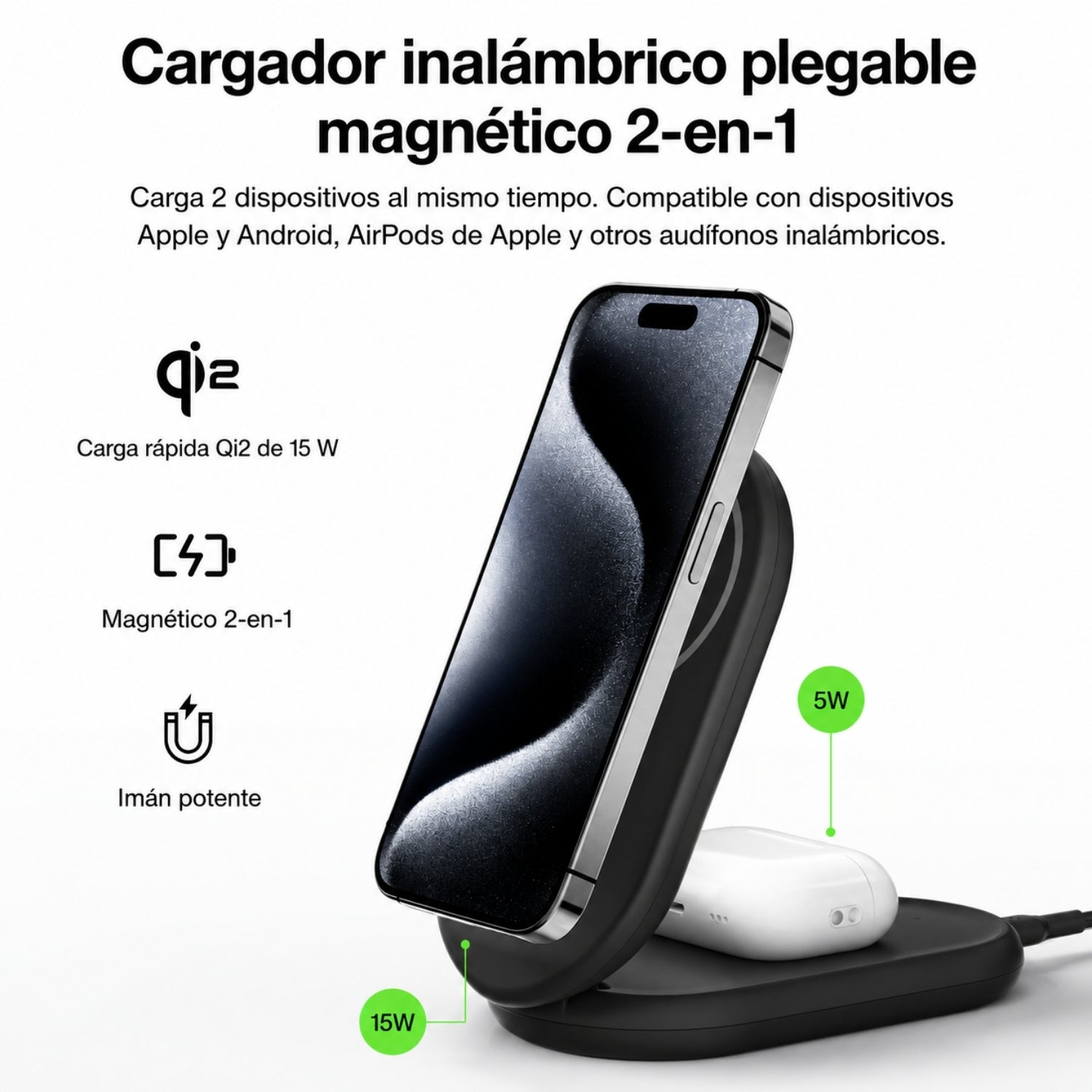 Base de carga 2 en 1 inalámbrica plegable Qi2 negra
