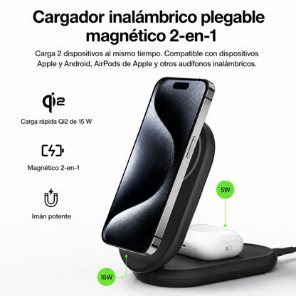 Base de carga 2 en 1 inalámbrica plegable Qi2 negra