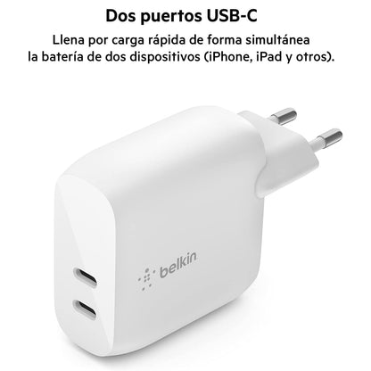 Cargador Dual Belkin 40 W BoostCharge USB-C Blanco