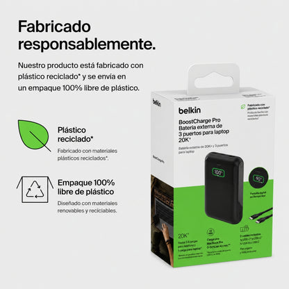 Batería 20.000 mAh 2xUSB-C 1xUSB-A 65W Pro Belkin negro