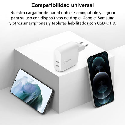 Cargador Dual Belkin 40 W BoostCharge USB-C Blanco